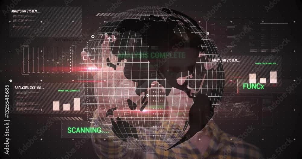 Poster digital animation of globe scanning with analysis text, person in background
