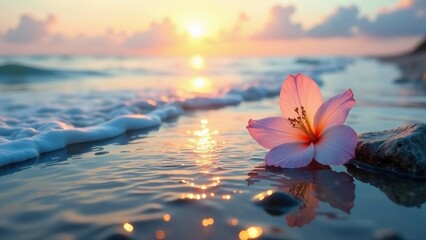 Serene Coastal Bloom at Sunset Delicate pink flower rests gently on a smooth stone, kissed by the soft waves of the ocean during a breathtaking sunset.