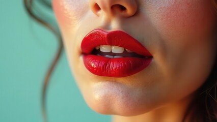 Close-up view of a woman's luscious lips, painted with vibrant red lipstick, showcasing a radiant and healthy smile.