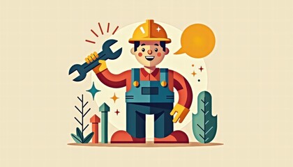 Cartoon construction worker with tools for building company websites and handyman service advertising