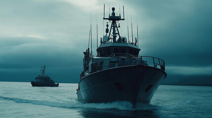 Naval patrol boats cruising through the open sea, maintaining security and vigilance in international waters, symbolizing maritime defense and global cooperation.