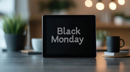 A tablet displaying the text Black Monday in a stylish workspace with soft lighting and a modern aesthetic.