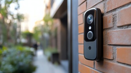 A modern doorbell camera mounted on a brick wall, surrounded by greenery, showcasing a blend of technology and outdoor aesthetics.