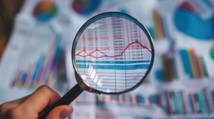 A person holding a magnifying glass and examining financial data printed on paper.