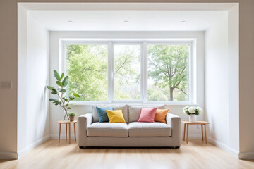 Modern living room large window light grey sofa side tables plants