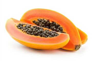 Two ripe papaya slices, seeds visible. Perfect for healthy food, tropical themes, or recipes showcasing vibrant fruit.