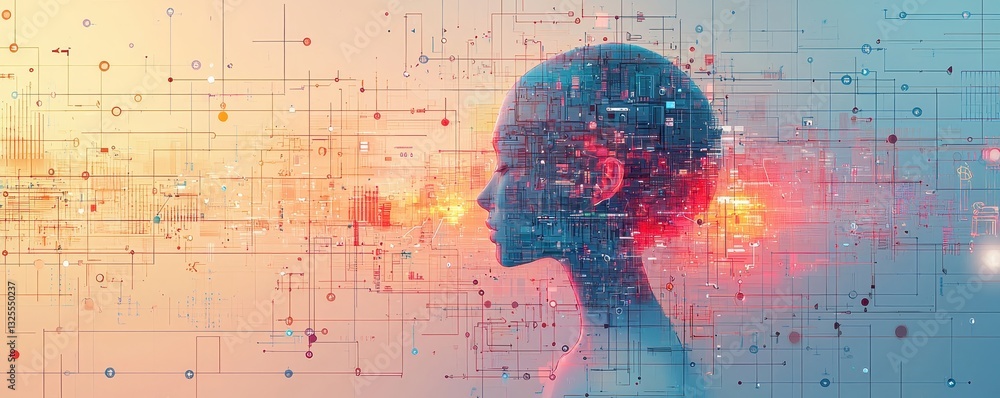 Poster exploring ai's impact on humanity virtual space digital art abstract profile view innovation