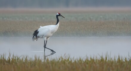 Elegant Red-Crowned Crane Walking Through Misty Wetlands at Sunrise