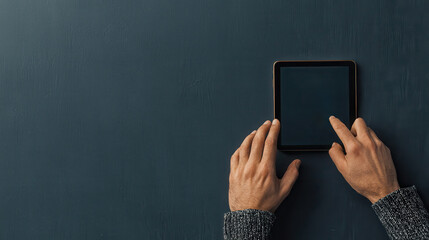 Hands using a tablet on a dark surface, showcasing modern technology in a simple yet effective manner.