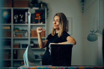 Confident Woman Pointing to Herself Feeling in Control of the Household. Proud housewife finished...
