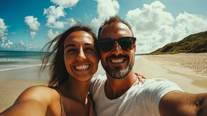 Smiling couple enjoying a tropical beach selfie adventure on a sunny day