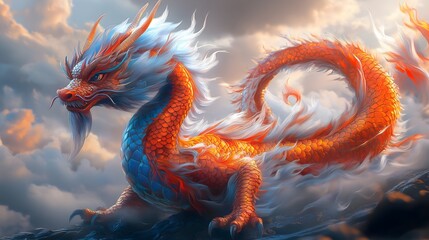 Majestic ancient Chinese dragon soaring above the clouds in a breathtaking digital art display