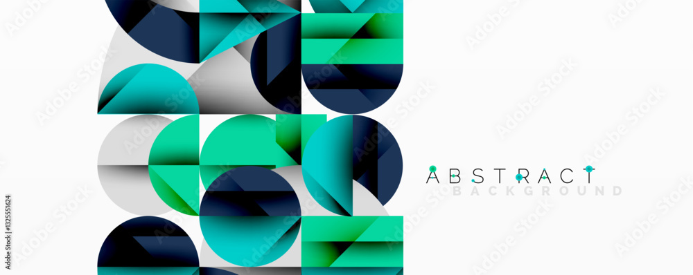 Poster Modern abstract composition with layered circles and angular segments featuring gradients, transparency effects, and a structured geometric layout