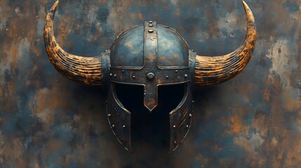 Digital art representation of an ancient Viking helmet with intricate details and a rugged texture on a rustic background