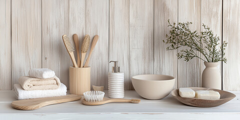 Spa-Zubehörset auf weißem Holztisch. 