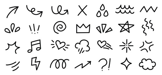 Set of hand drawn cute doodle line element arrow, emphasis, shock, sparkle. express shape vector collection