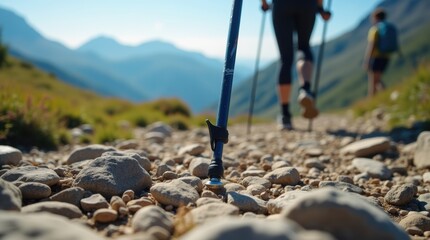 Close-up of trekking poles on a rocky mountain trail, metal tips gripping the ground, sunny day, outdoor adventure setting.