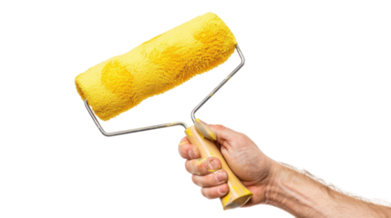 Painter holding yellow paint roller on transparent background