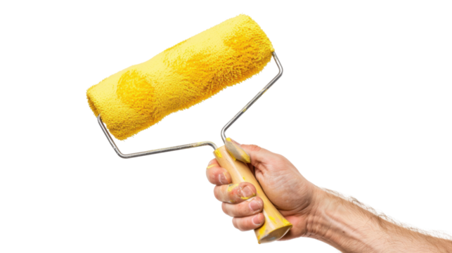 Painter holding yellow paint roller on transparent background