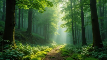 Fototapeta premium Dense forest with tall trees and moss, no flowers in sight, offering a flower-avoidance haven.