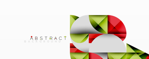 Abstract geometric design with intersecting circles, triangles, squares and sharp angles creating a layered composition with gradients, depth, and contrast