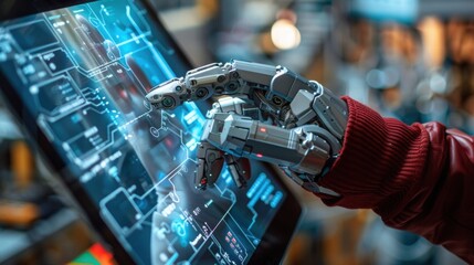 Robotic Hand Interacting with High-Tech Interface Display Screen