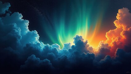 Fototapeta premium Aurora lights burst behind dramatic, textured clouds, split into cool blues and warm oranges. Starry sky above, creating a surreal, heavenly scene of light and shadow.