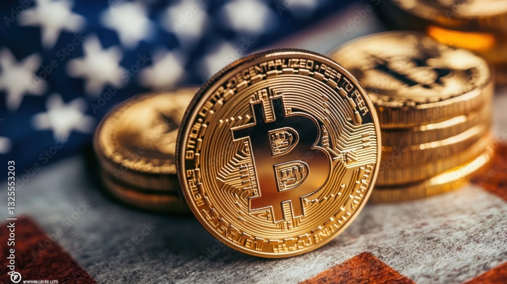 Poster an array of bitcoin coins piled together representing the growing trend of cryptocurrency and digita