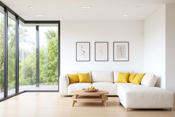 Modern living room large window white sofa pictures coffee table