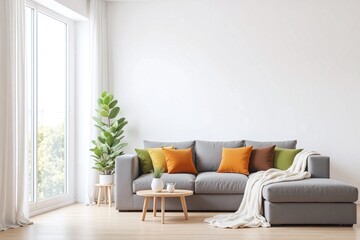modern living room with large window gray sofa coffee table plants