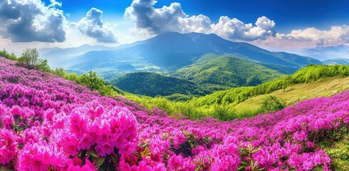 Fototapeta premium Stunning panoramic view of vibrant pink flowering plants in lush mountainous landscape with blue sky and clouds, nature at its finest during spring season