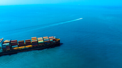 Aerial view of the freight shipping transport system cargo ship container. international...