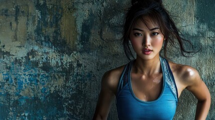 Fototapeta premium Woman in blue tank top running through urban environment with dynamic motion and cityscape background