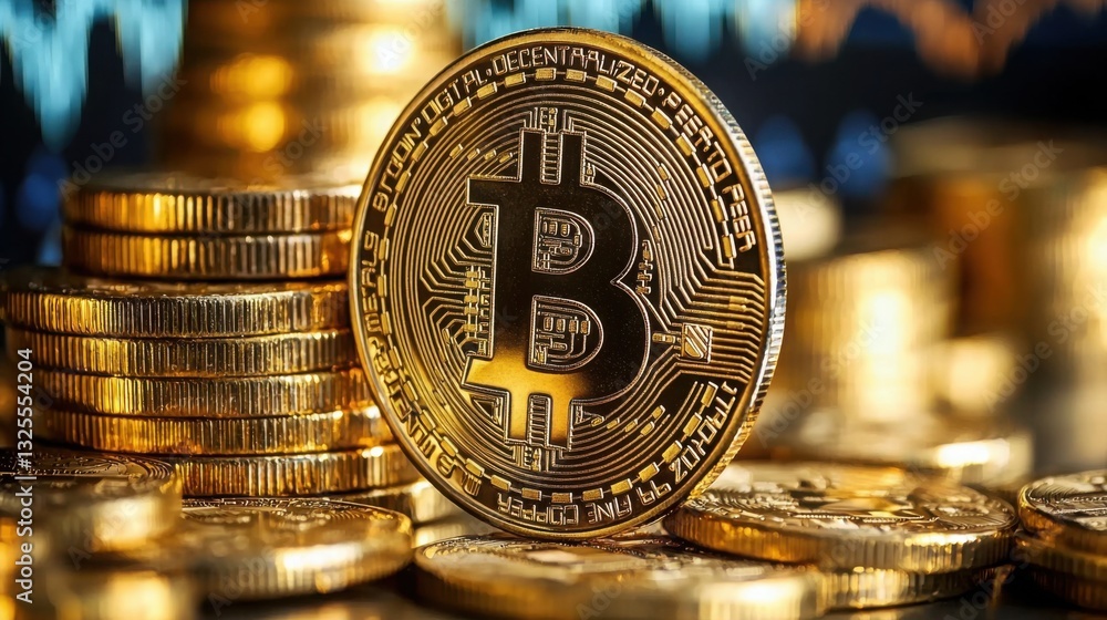 Poster close-up of bitcoin coin displaying the unique design symbolizing virtual currency and digital finan