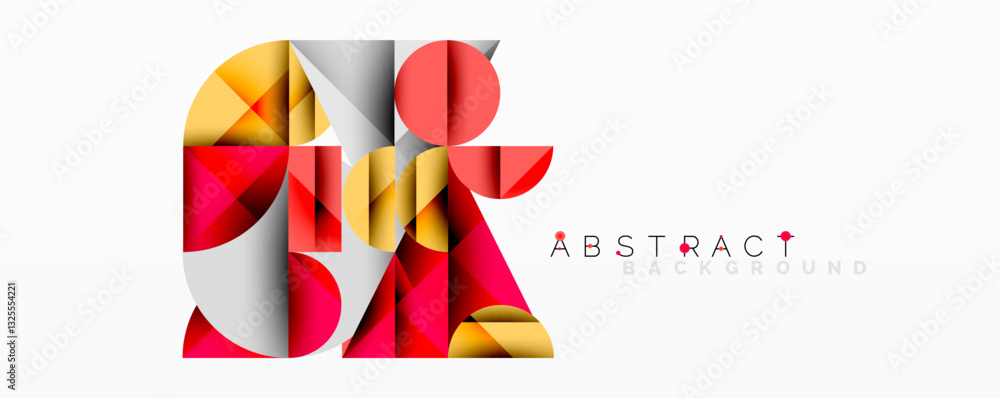 Poster Abstract geometric design with intersecting circles, triangles, squares and sharp angles creating a layered composition with gradients, depth, and contrast
