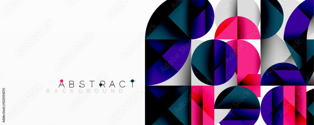 Poster Modern abstract composition with layered circles and angular segments featuring gradients, transparency effects, and a structured geometric layout