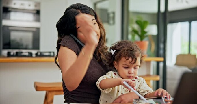 Remote work from home, phone call and mother with child, multitasking and stress with laptop. Family, parent or mama with kid, baby or smartphone with discussion, workflow crisis or talking with tech