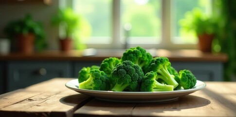 A plate of fresh broccoli florets sits on a rustic wooden table in a sunlit kitchen setting