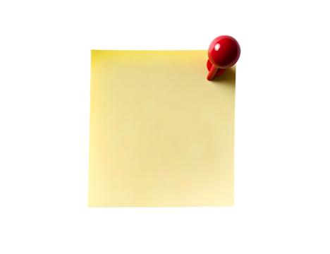 Photo of a sticky note with a red pin isolated on transparent white background clipping path, pen tool.