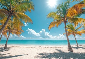 Obraz premium Stunning tropical beach with palm trees, bright sunlight, and inviting turquoise ocean under a clear blue sky with fluffy clouds