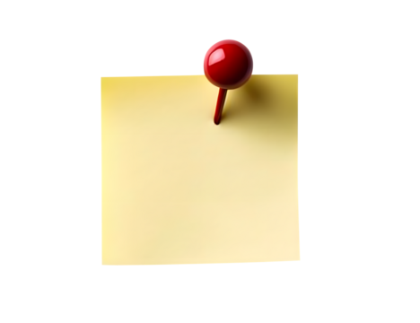 Photo of a sticky note with a red pin isolated on transparent white background clipping path, pen tool.