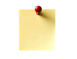 Photo of a sticky note with a red pin isolated on transparent white background clipping path, pen tool.