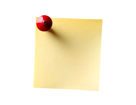 Photo of a sticky note with a red pin isolated on transparent white background clipping path, pen tool.
