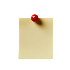 Photo of a sticky note with a red pin isolated on transparent white background clipping path, pen tool.