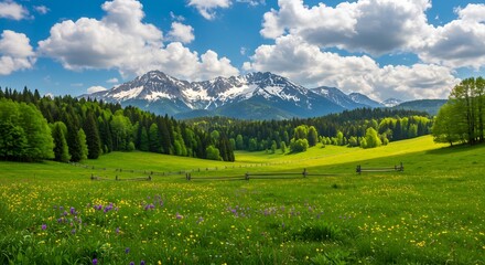 Obraz premium Sunlit Alpine Meadow Vibrant Green Landscape. AI Generated