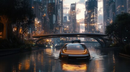 Futuristic water taxi cruises through a gleaming city canal at dusk