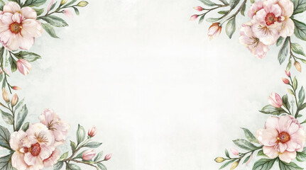 Fototapeta premium Template for letters, greetings, invitations, announcements, banners with free space for text and elegant floral corners in vintage style, delicate watercolor flowers for soft and romantic design