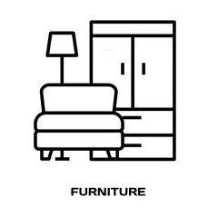 Furniture Icon Set – Chair, Lamp, and Wardrobe editable stroke outline icon isolated on white background flat vector illustration, black outline, Pixel perfect