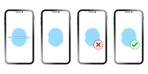 Fingerprint vector with neon glow effect, including scanning, verification, and rejection icons. Ideal for cybersecurity, biometric identification, access control, and digital authentication themes.