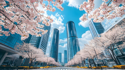 Naklejka premium Scenic Walkway: Cherry Blossoms Over a Crosswalk in Seoul